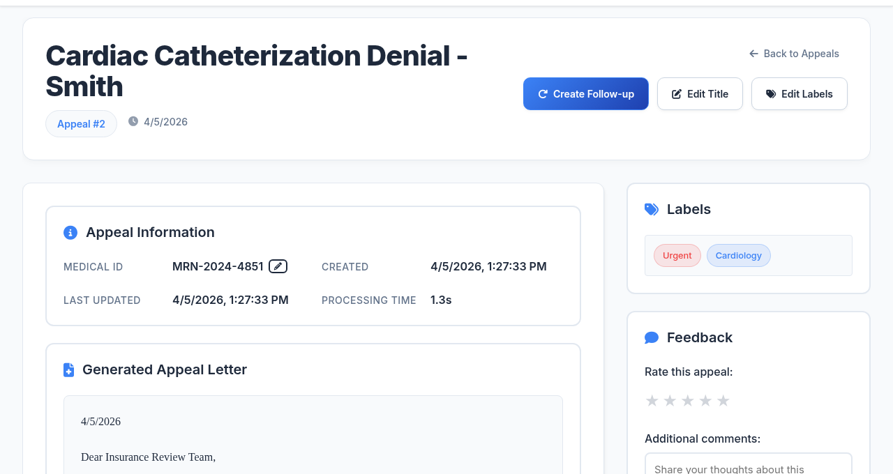 MedAppeals Appeal Detail — generated letter with labels and feedback rating