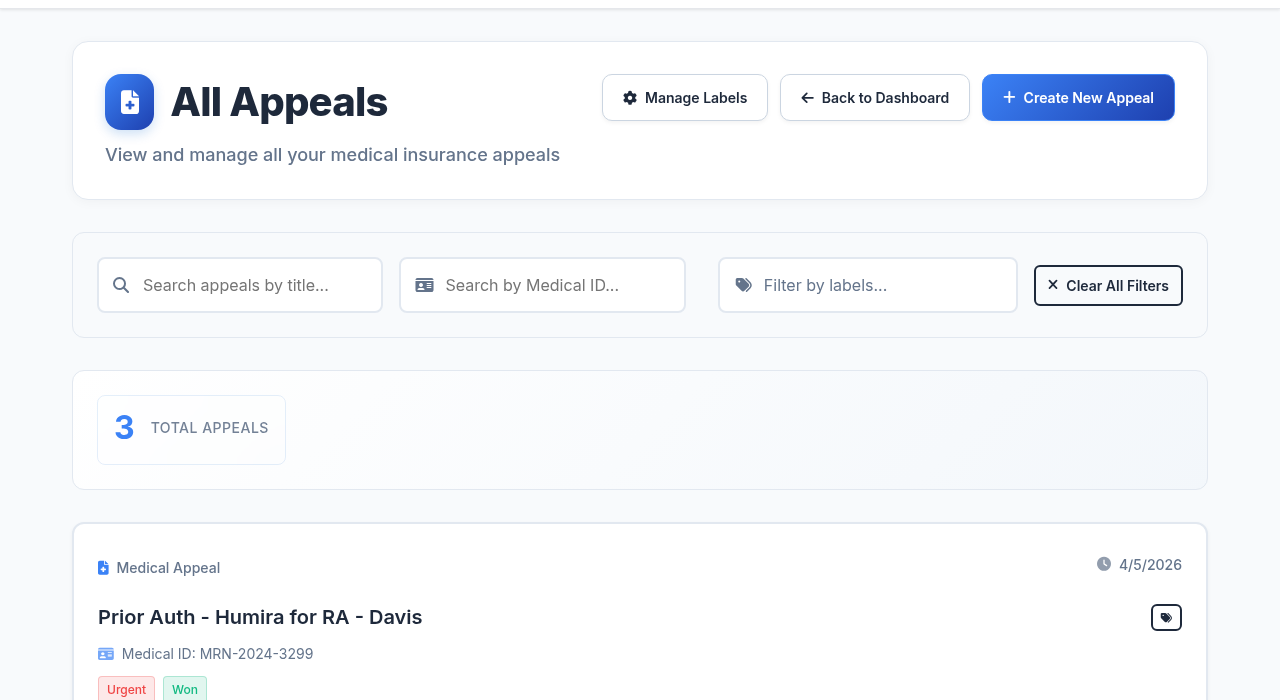 MedAppeals Appeals List — search, filter, and track all your appeals