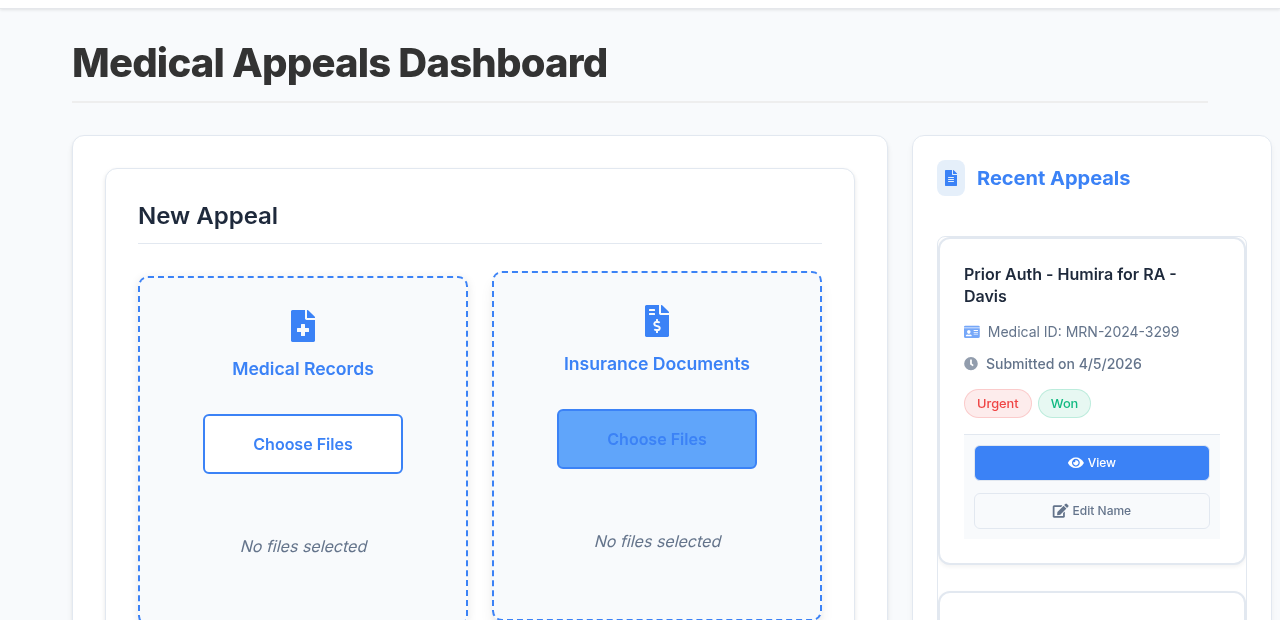 MedAppeals Dashboard — upload denial letters and generate appeals